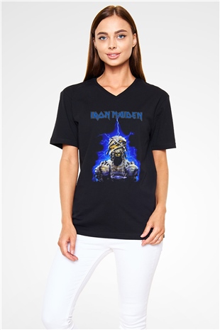 Iron Maiden Siyah Unisex V Yaka Tişört T-Shirt