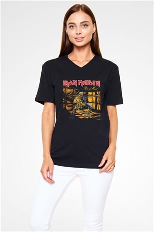 Iron Maiden Siyah Unisex V Yaka Tişört T-Shirt
