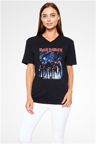 Iron Maiden Siyah Unisex V Yaka Tişört T-Shirt