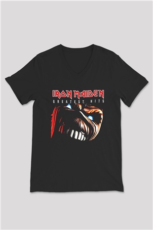 Iron Maiden Siyah Unisex V Yaka Tişört T-Shirt