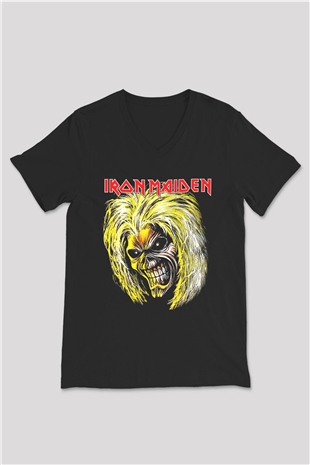 Iron Maiden Siyah Unisex V Yaka Tişört T-Shirt