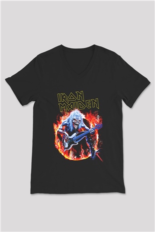 Iron Maiden Siyah Unisex V Yaka Tişört T-Shirt