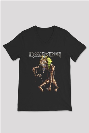 Iron Maiden Siyah Unisex V Yaka Tişört T-Shirt