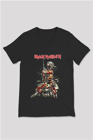 Iron Maiden Siyah Unisex V Yaka Tişört T-Shirt