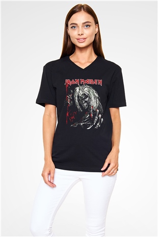Iron Maiden Siyah Unisex V Yaka Tişört T-Shirt