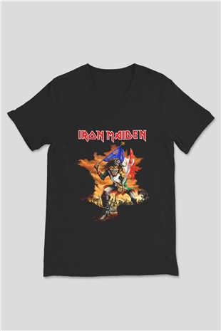 Iron Maiden Siyah Unisex V Yaka Tişört T-Shirt