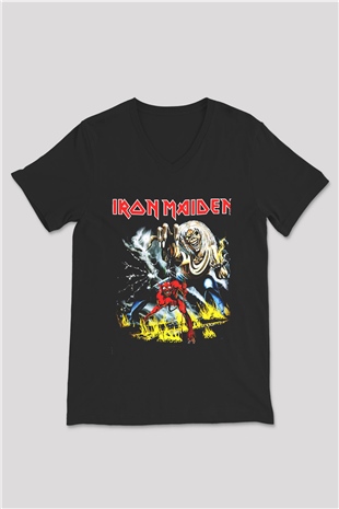 Iron Maiden Siyah Unisex V Yaka Tişört T-Shirt