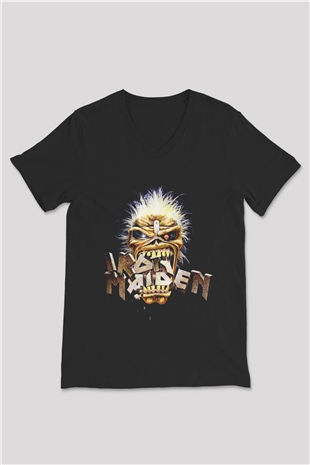 Iron Maiden Siyah Unisex V Yaka Tişört T-Shirt