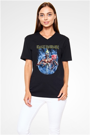 Iron Maiden Siyah Unisex V Yaka Tişört T-Shirt