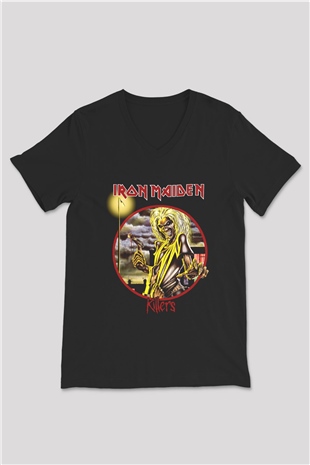 Iron Maiden Siyah Unisex V Yaka Tişört T-Shirt