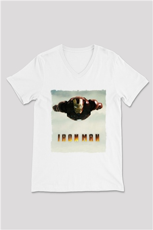 Iron Man Beyaz Unisex V Yaka Tişört