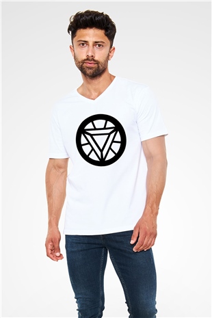 Iron Man Beyaz Unisex V Yaka Tişört T-Shirt