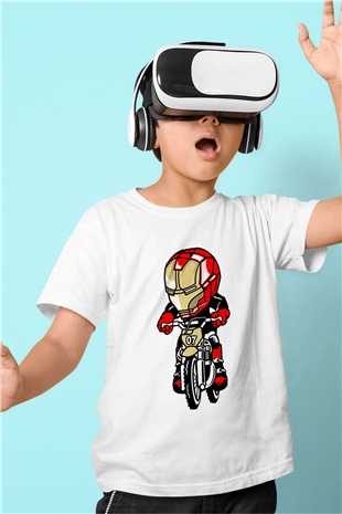 Iron Man Biker Baskılı Unisex Beyaz Çocuk Tişört