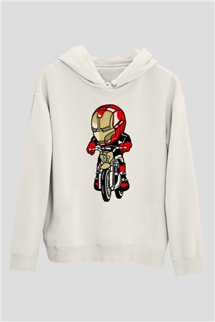 Iron Man Biker Baskılı Unisex Beyaz Hoodie