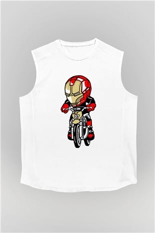 Iron Man Biker Baskılı Unisex Beyaz Kolsuz Tişört