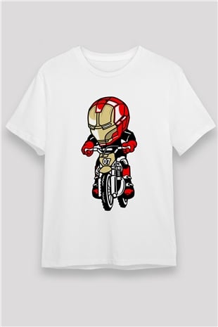 Iron Man Biker Baskılı Unisex Beyaz Tişört