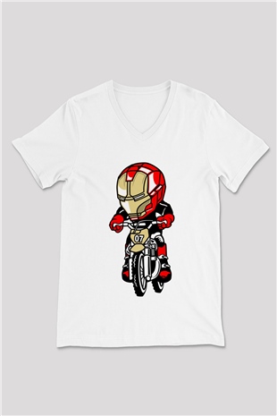 Iron Man Biker Baskılı Unisex Beyaz V Yaka Tişört