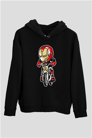 Iron Man Biker Baskılı Unisex Siyah Hoodie