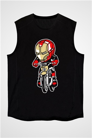 Iron Man Biker Baskılı Unisex Siyah Kolsuz Tişört