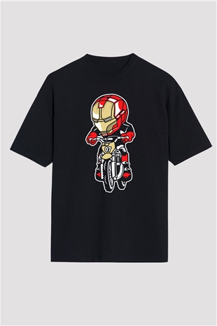 Iron Man Biker Baskılı Unisex Siyah Oversize Tişört