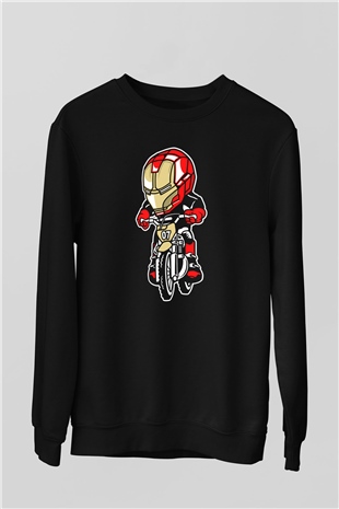 Iron Man Biker Baskılı Unisex Siyah Sweatshirt