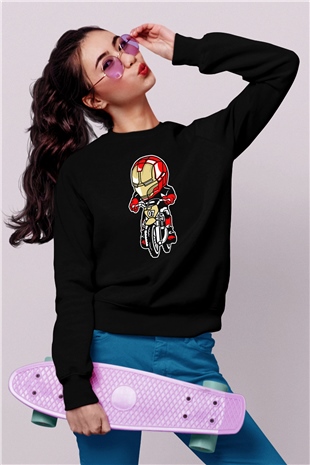 Iron Man Biker Baskılı Unisex Siyah Sweatshirt