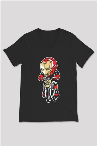 Iron Man Biker Baskılı Unisex Siyah V Yaka Tişört