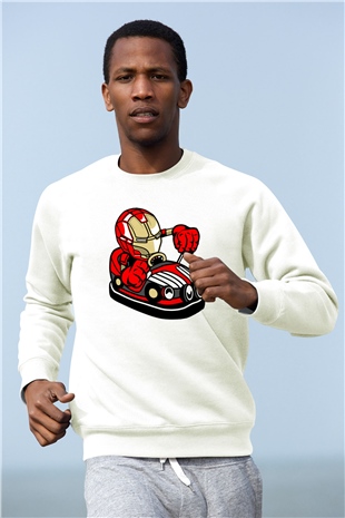 Iron Man Car Toy Baskılı Unisex Beyaz Sweatshirt