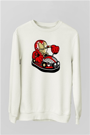Iron Man Car Toy Baskılı Unisex Beyaz Sweatshirt