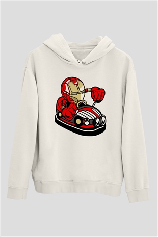 Iron Man Car Toy Baskılı Unisex Beyaz Hoodie