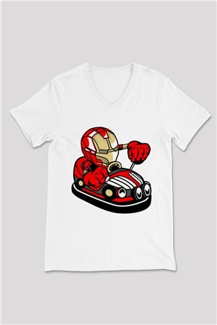 Iron Man Car Toy Baskılı Unisex Beyaz V Yaka Tişört