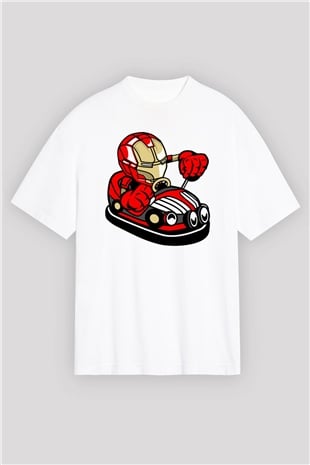 Iron Man Car Toy Baskılı Unisex Beyaz Oversize Tişört