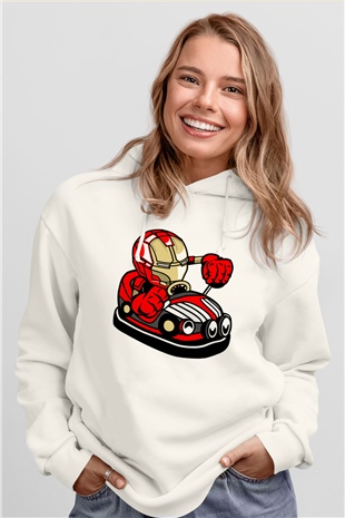 Iron Man Car Toy Baskılı Unisex Beyaz Hoodie