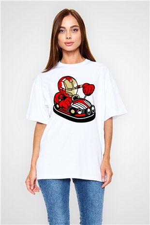 Iron Man Car Toy Baskılı Unisex Beyaz Oversize Tişört