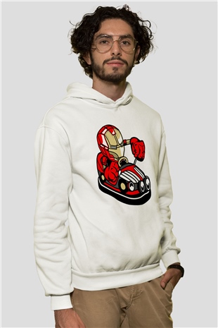 Iron Man Car Toy Baskılı Unisex Beyaz Hoodie