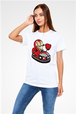 Iron Man Car Toy Baskılı Unisex Beyaz Tişört