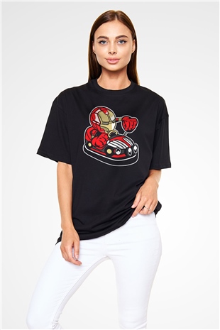 Iron Man Car Toy Baskılı Unisex Siyah Oversize Tişört