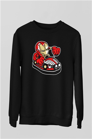 Iron Man Car Toy Baskılı Unisex Siyah Sweatshirt