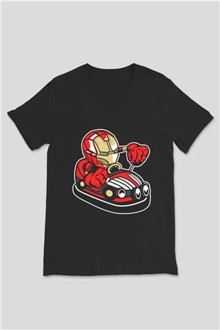 Iron Man Car Toy Baskılı Unisex Siyah V Yaka Tişört