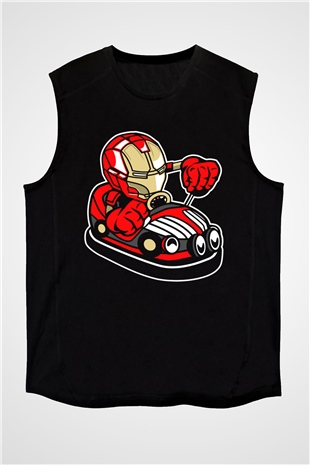 Iron Man Car Toy Baskılı Unisex Siyah Kolsuz Tişört