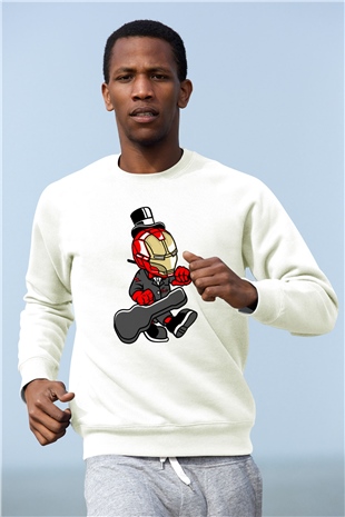 Iron Man Gentleman Baskılı Unisex Beyaz Sweatshirt
