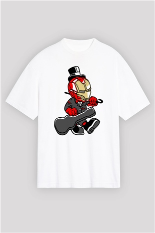 Iron Man Gentleman Baskılı Unisex Beyaz Oversize Tişört