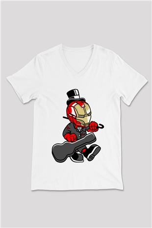 Iron Man Gentleman Baskılı Unisex Beyaz V Yaka Tişört
