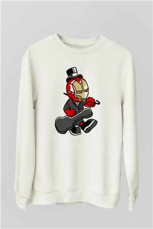 Iron Man Gentleman Baskılı Unisex Beyaz Sweatshirt