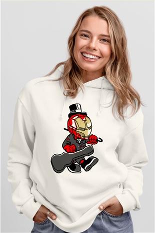 Iron Man Gentleman Baskılı Unisex Beyaz Hoodie