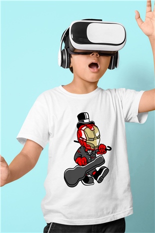 Iron Man Gentleman Baskılı Unisex Beyaz Çocuk Tişört