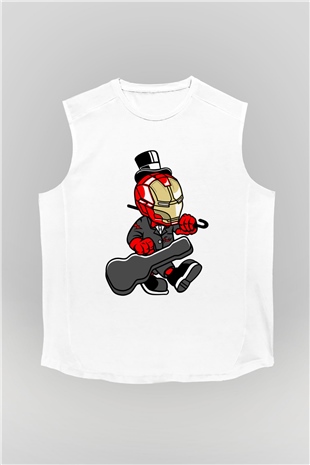 Iron Man Gentleman Baskılı Unisex Beyaz Kolsuz Tişört