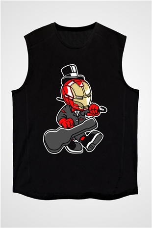 Iron Man Gentleman Baskılı Unisex Siyah Kolsuz Tişört