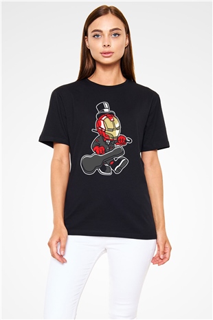 Iron Man Gentleman Baskılı Unisex Siyah Tişört