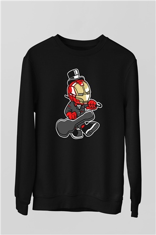 Iron Man Gentleman Baskılı Unisex Siyah Sweatshirt